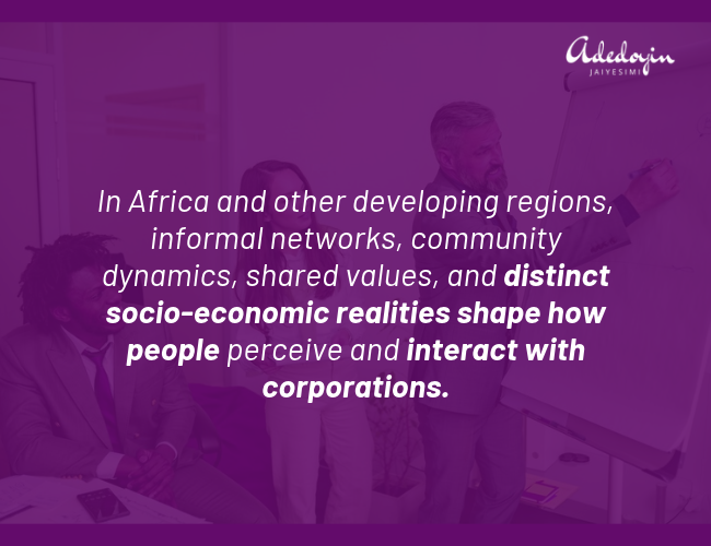 Quote explaining how informal networks and community dynamics shape the perception of corporate communications in emerging markets