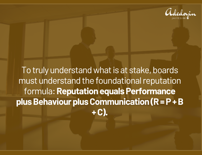 Text graphic illustrating the corporate reputation formula: Reputation equals Performance plus Behaviour plus Communication (R = P + B + C).